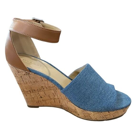 Marc Fisher cork wedges medium blue denim and leather uppers,‎ size 8 - Picture 1 of 8